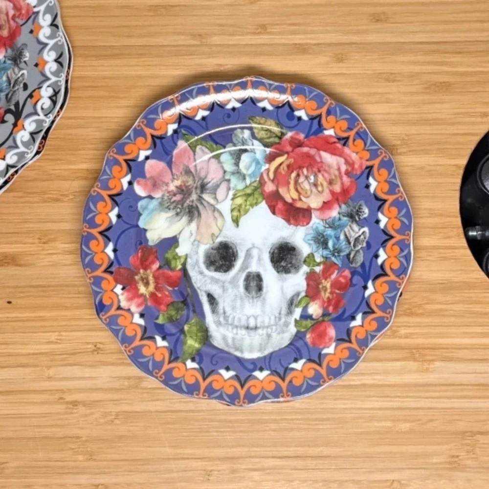 222 Fifth Marbella Skull Plates Set of 4 Multicolor Floral Halloween Gothic